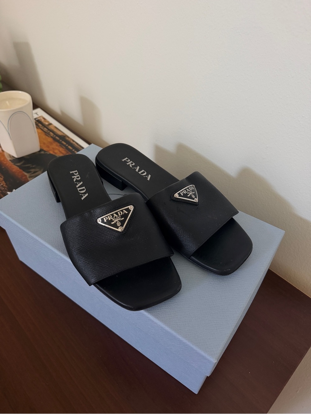 Prada Black Logo Leather Slide Sandals